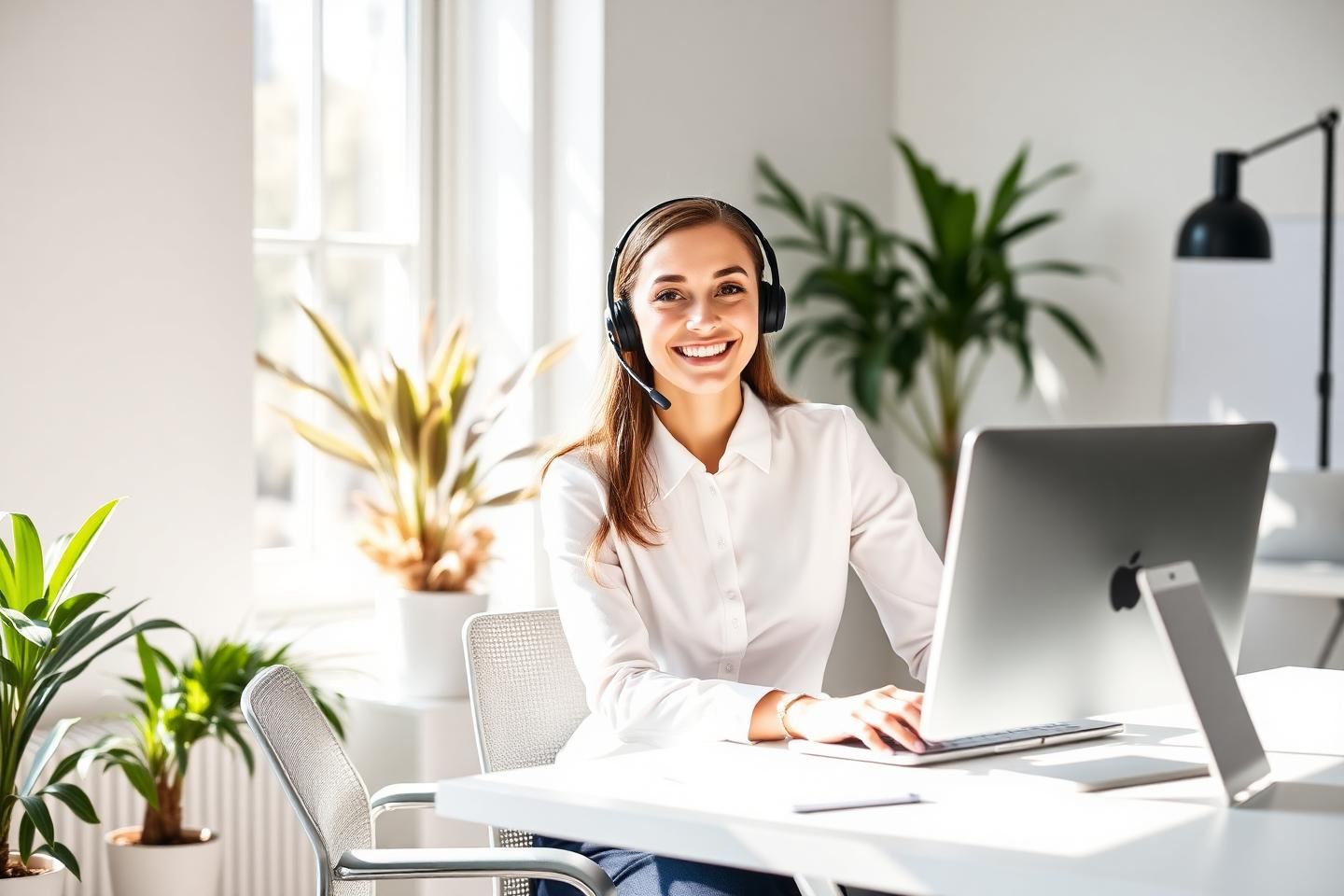 Rådgivare med headset som hjälper en kund att välja rätt adressregister vid ett ljust skrivbord