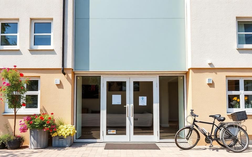Entré till bostadsrättsförening i tegelhus där en boende låser upp porten – BRF-register